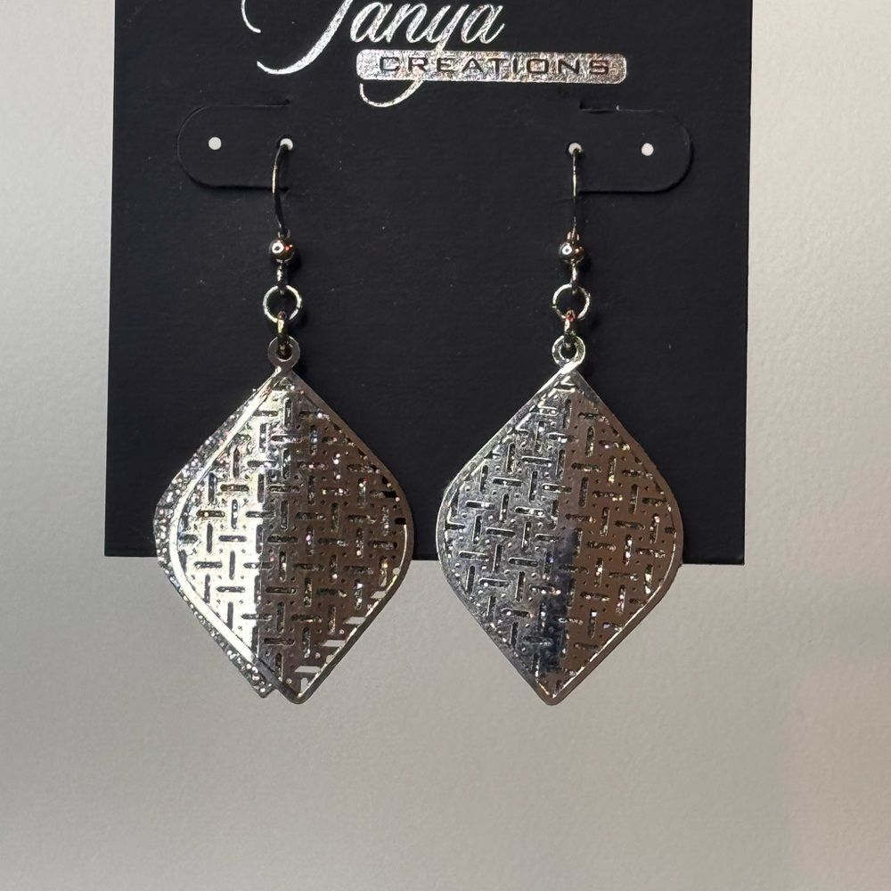 Silver Geometric Textured Earrings with Hook Design 2.25 inch
